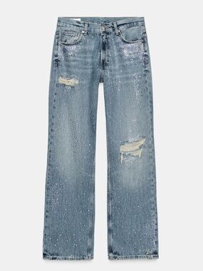 NWT Zara Size 6 TRF RIPPED WIDE LEG RHINESTONE JEANS code: 6688/211/407